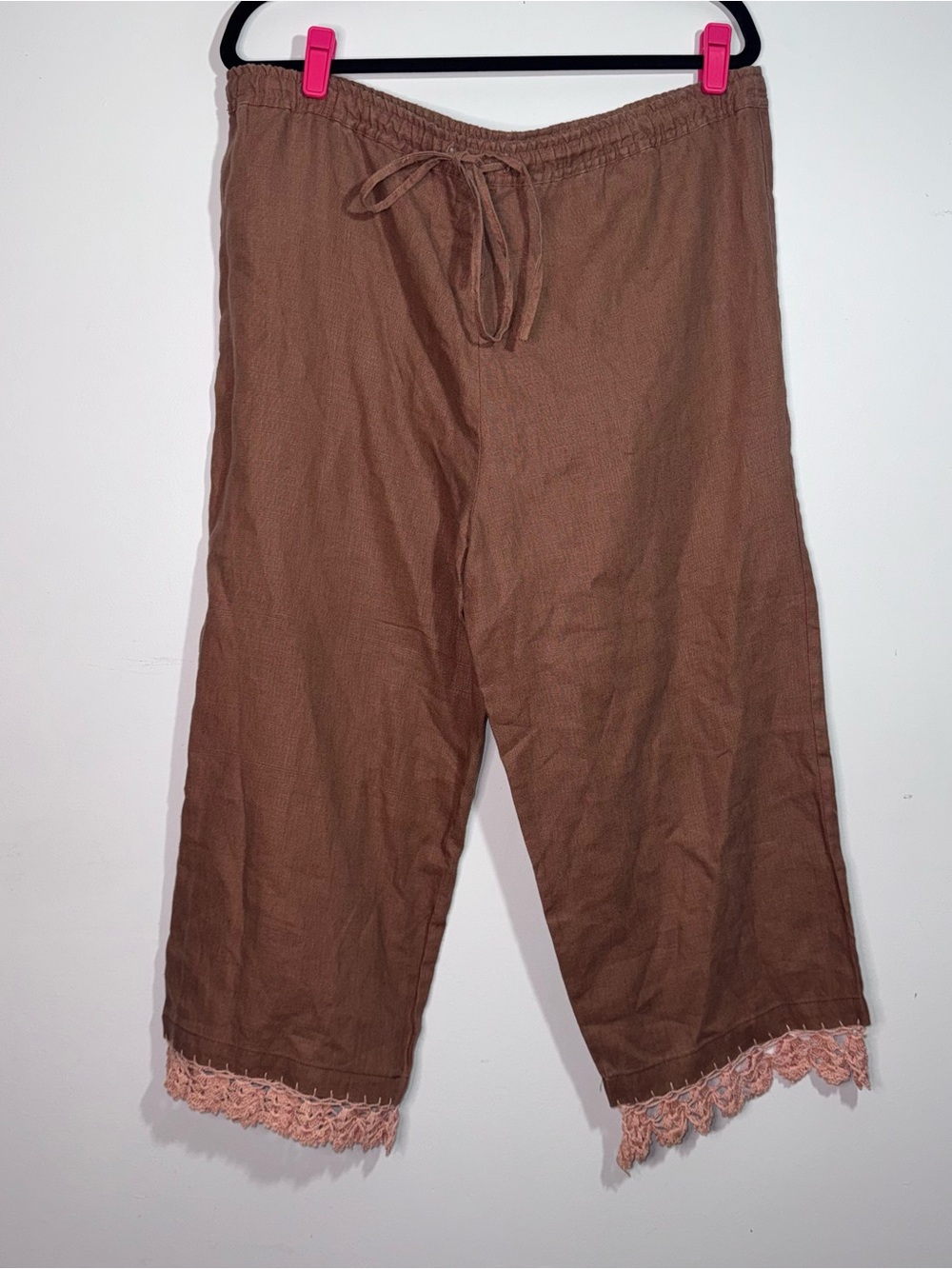 John Paul Richard Uniform 100% Linen Cropped Pants Brown Lace Trim Size M